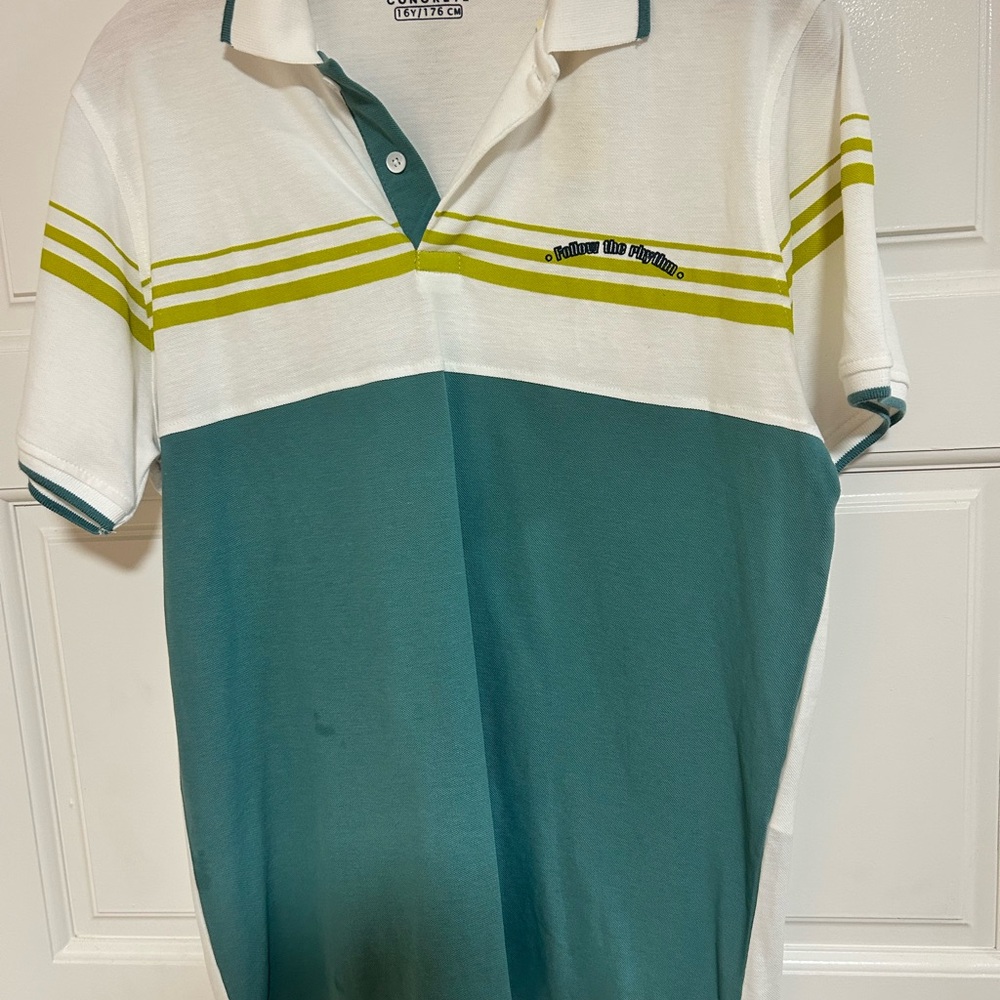 White and Teal Striped Polo Shirt